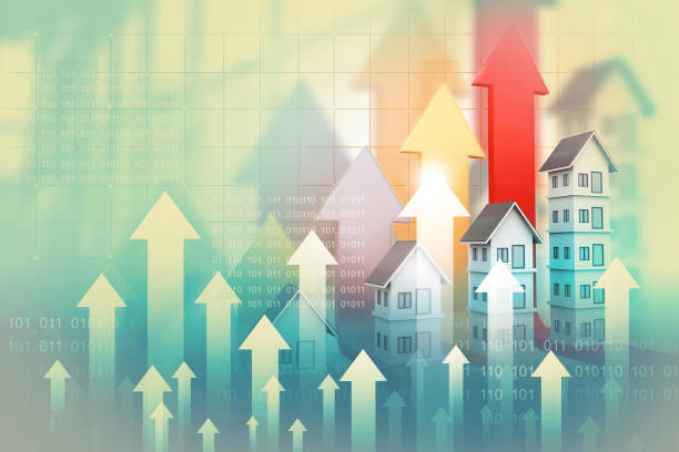 The image illustrates strong growth in the real estate market. It shows several houses surrounded by large upward-pointing arrows, symbolizing rising prices or increased demand. A prominent red arrow highlights significant growth. In the background, a graph and binary numbers reinforce the idea of data analysis or an economic context. Overall, the image conveys a dynamic and expanding market.